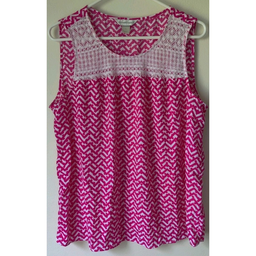 Christopher & Banks Women's Sleeveless Embroidered Tank Pink/White Size Large